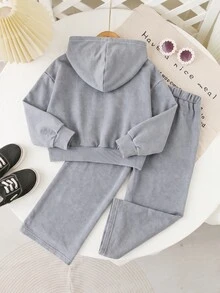 SHEIN Playful Pals 女童牛仔套裝，灰色雪洗，灰色水洗休閒寬鬆連帽短版拉鍊針織牛仔外套搭配寬鬆直筒牛仔褲，時尚女童必備，適合秋冬，極簡時尚百搭，日常拍照、購物、外出、聚會，2026秋冬新款女童牛仔套裝 - 灰色 - 查看 2