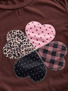 Sweetness Spring Summer Autumn Cute Polka Dot & Four-Leaf Clover Applique Embroidered Women's T-Shirt, Casual Daily Wear, Suitable For School, Graduation Season, Vacation And Other Occasions - Coffee Brown - View 4