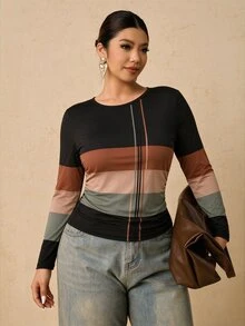Travachic 大尺碼女款拼色休閒百搭日常長袖T恤 - 彩色 - 查看 5