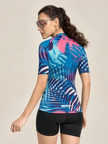 Exploreva Women's Tropical Plant Print Short Sleeve Cycling Jersey - Pink - View 2