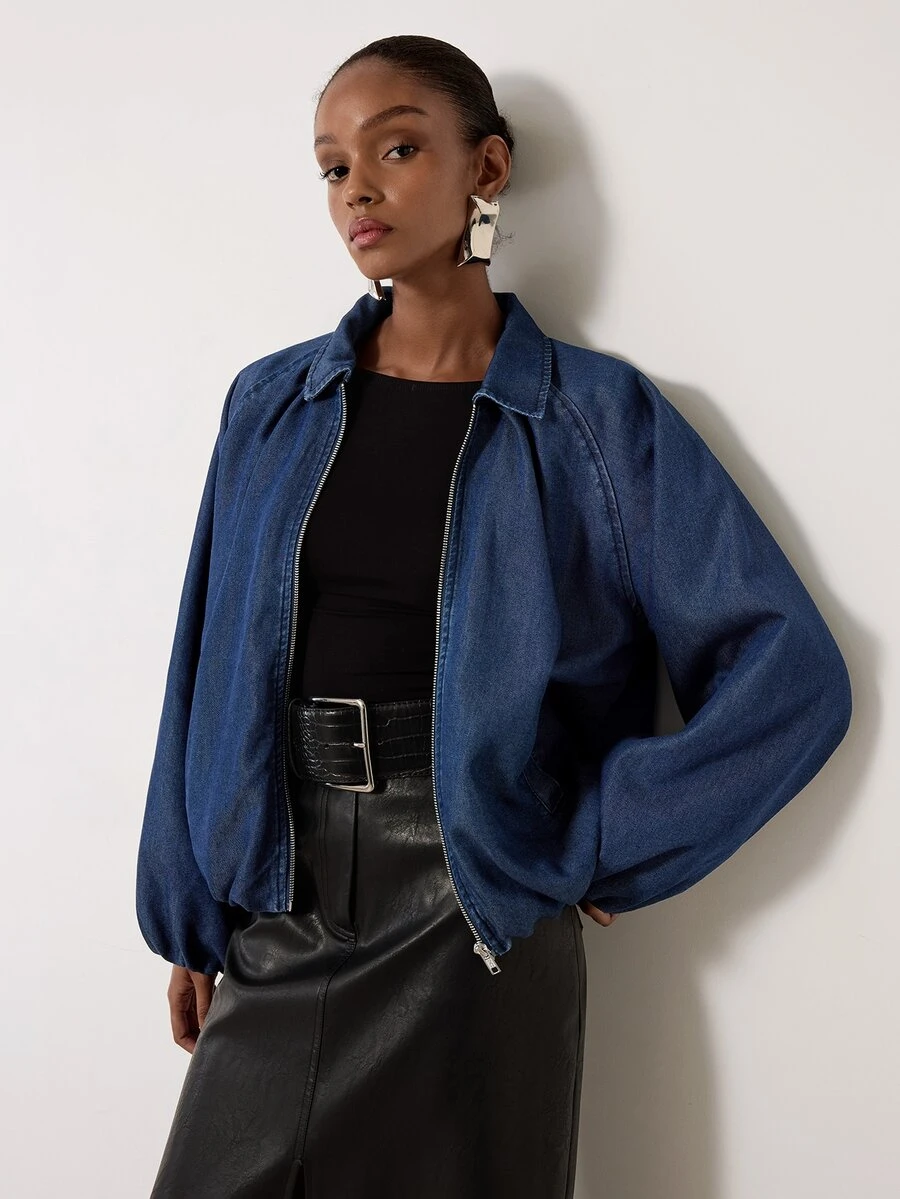 MERLEAU Women's Modern Zipper Pocket Pleated Long Sleeve Denim Jacket - Blue - View 1