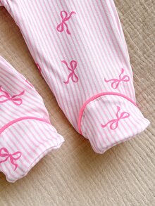 SHEIN 新生女嬰蝴蝶結針織休閒長袖連身衣 - 淺粉色 - 查看 6