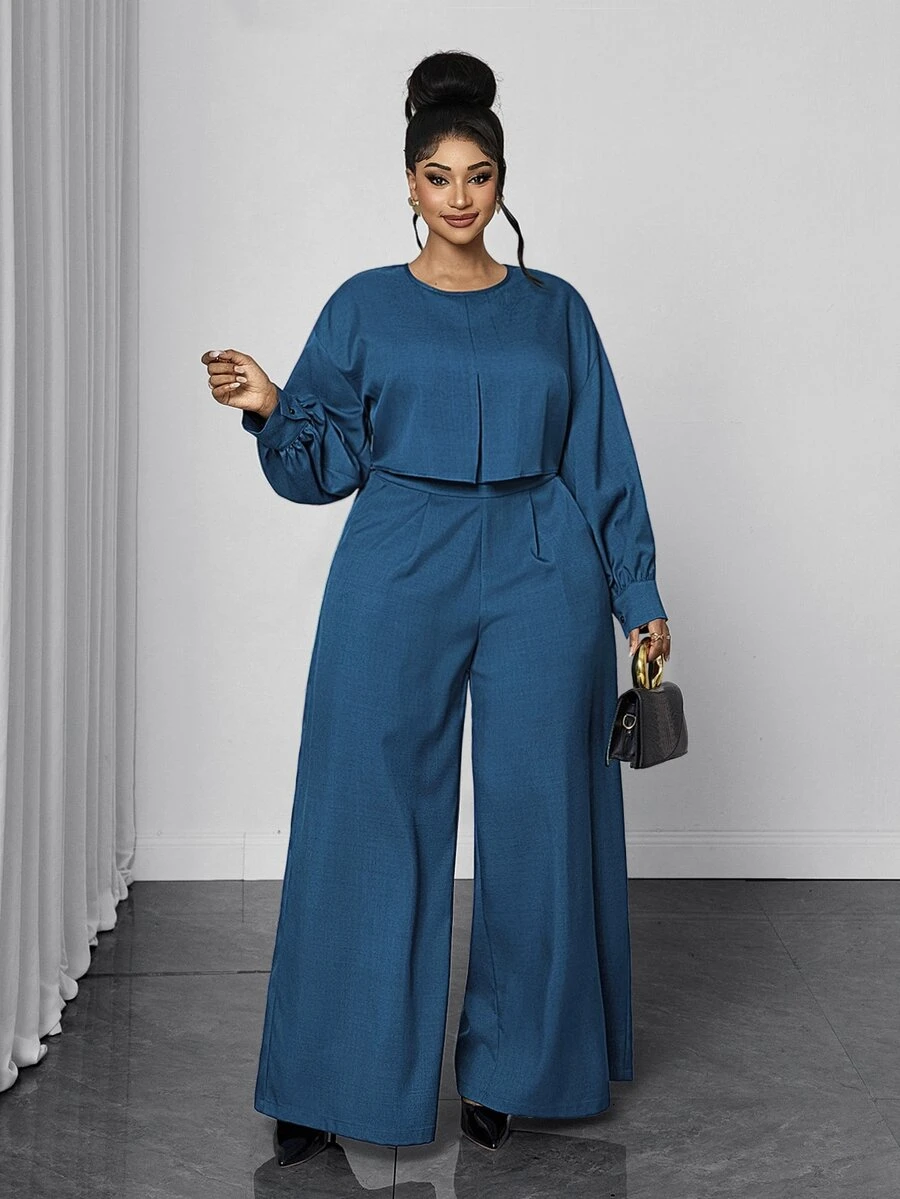 Maweii Plus Size Solid Color 2 In 1 Set Women Round Neck Lantern Sleeve Crop Top High Waist Wide Leg Long Pants Commute Party Two Pieces Set Fall - Blue - View 1