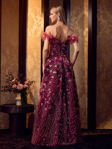 MOTF Soiréza ELEGANT OFF SHOULDER MAXI GOWN WITH BEADED EMBROIDERY PERFECT FOR FORMAL DINNERS,RED CARPET EVENTS - Burgundy - View 3