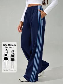 SHEIN Tall 女款彈性腰側條紋寬腿寬鬆休閒運動長褲，返校季 - 藏蓝色 - 查看 8