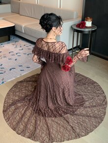 DAZY Women's V-Neck Bell Sleeve Patchwork Ruffle Elegant Lace Dress - Coffee Brown - View 2