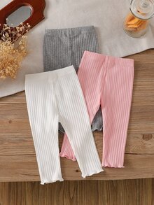 SHEIN Vintaside Kids 3件組女嬰緊身褲 粉色與白色條紋 秋季休閒度假 夏季純色褲子 極簡甜美風 直筒寬鬆慢跑褲 - 灰色 - 查看 2