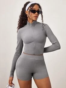 SHEIN Core Rhythm Women's Minimalist Solid Color High Neck Zipper Front Cropped Top And High Waist Fitted Shorts Sports Set - Grey - View 4