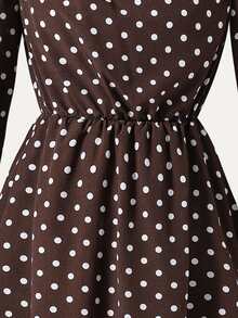 SHEIN Girls Polka Dot Print Lantern Sleeve Lace Hem Belted Midi Dress Brown - Brown - View 6