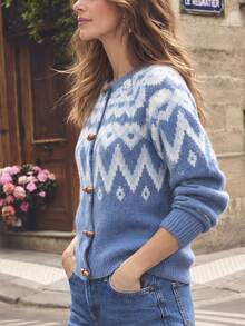 Dayvera Women's Streetwear Jacquard Horn Button Long Sleeve Cardigan, Going Out Tops - Baby Blue - View 4