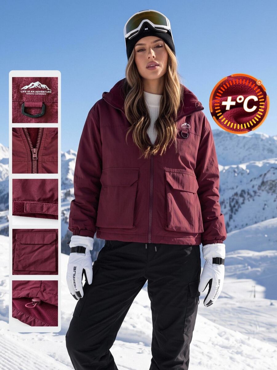 SHEIN BASICS 女款秋冬翻蓋口袋前拉鍊連帽抓絨內裡保暖戶外軟殼外套 - 酒紅色 - 查看 1