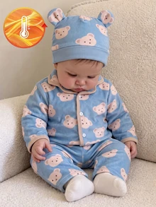 2pcs Baby Boy Soft Plush Turn-Down Collar Open Front Trim Design Long Sleeve Long Pants Pajama Set - Dusty Blue - View 6