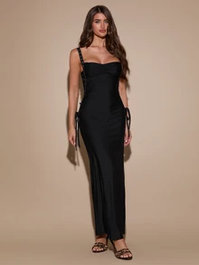 SHEIN BAE Spring/Autumn Black Satin Spaghetti Strap Long Dress, Ruched Chest, Side Tie Hollow Out, Slim Fit Bodycon Evening Gown, Suitable For Party, Date, Nightclub - Black - View 3