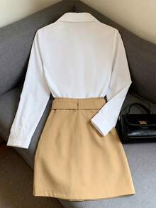 GlowEve CURVE White Collared Shirt With Square Buckle High Waist A-Line Mini Skirt - White - View 2