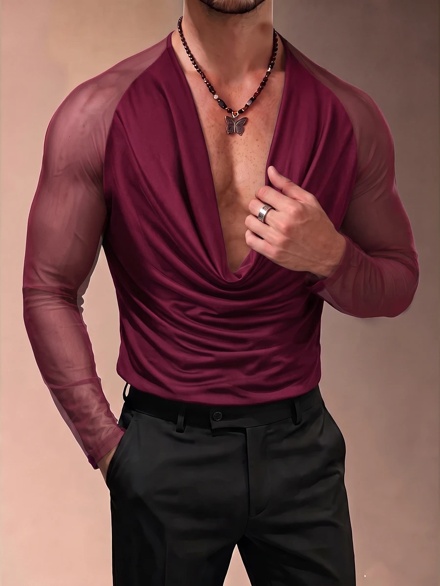 ZURIURI Men's Mesh Patchwork Cowl Neck Casual Sexy Rave Versatile Daily Wear T-Shirt Party Club Black Autumn - Burgundy - View 1