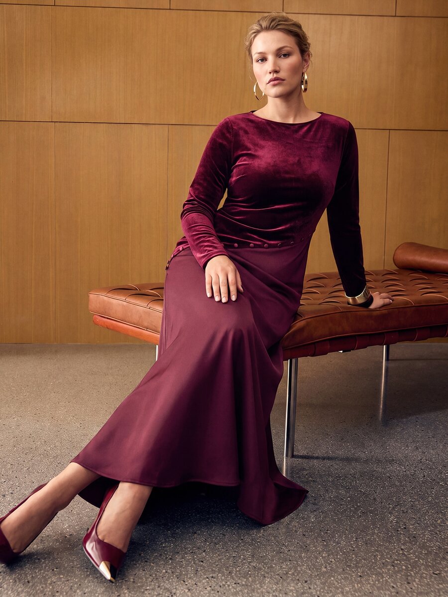 MOTF PREMIUM VELVET CONTRAST SATIN SQUARE NECK FABRIC COVERED BUTTON MID-LENGTH DRESS - Burgundy - View 1