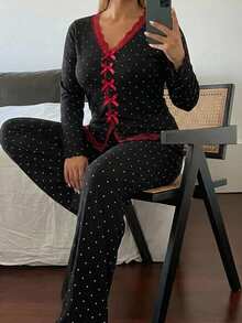 Dazy Plus Plus Size Women Polka Dot Lace Patchwork Top And Pants Casual Daily Home Sleepwear Set - Black - View 3