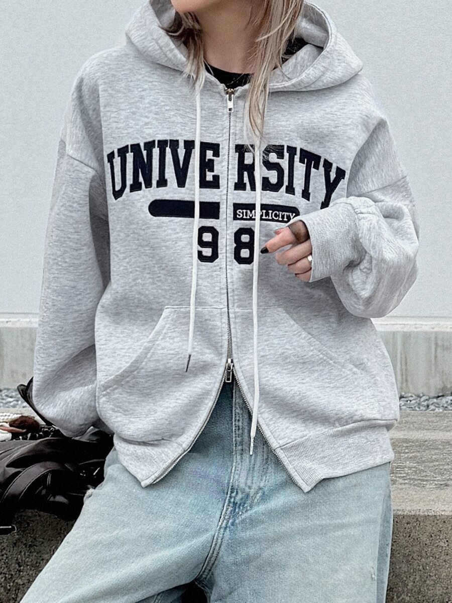 FRIFUL 女款刺繡時尚拉鍊連帽衛衣 - 灰色 - 查看 1