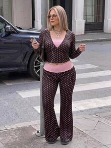 SHEIN ICON طقم كاجوال 2 في 1 بمقاس كبير بتصميم فينتاج Y2K بنقاط بولكا وألوان متباينة وردي وبني - بني مخاوي - مشاهدة 1