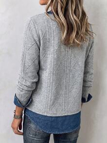 Wandoria Recommended Bestselling Autumn/Winter Casual Design V-Neck 2 In 1 Denim Effect Colorblock Grey Textured Long Sleeve Sweatshirt Top, Suitable For Daily Wear, Shopping, Dating, Commuting, Back To School Season Essential, Loose Fit, Flattering, Versatile Style - Grey - View 2