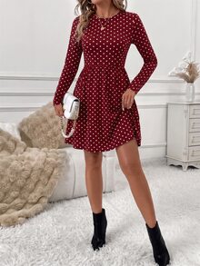 SHEIN Clasi 女款休閒通勤波點印花洋裝 - 酒紅色 - 查看 5