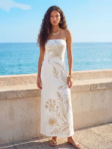 CAJUNI Women's Floral Print Fashion Strapless Vacation Dress White And Gold Summer Elegant Tropical - Beige - View 3
