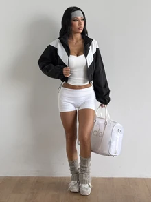 Coolane Women's Fall/Winter Streetwear Going Out Sport Comfortable Patchwork Loose Zip Up Black Jacket - Black and White - View 4