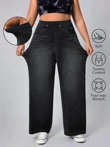 Flexra Plus Size Women's Wide Leg Casual Denim Jeans Soft Washed Stretch Pants - Dark Grey - View 1