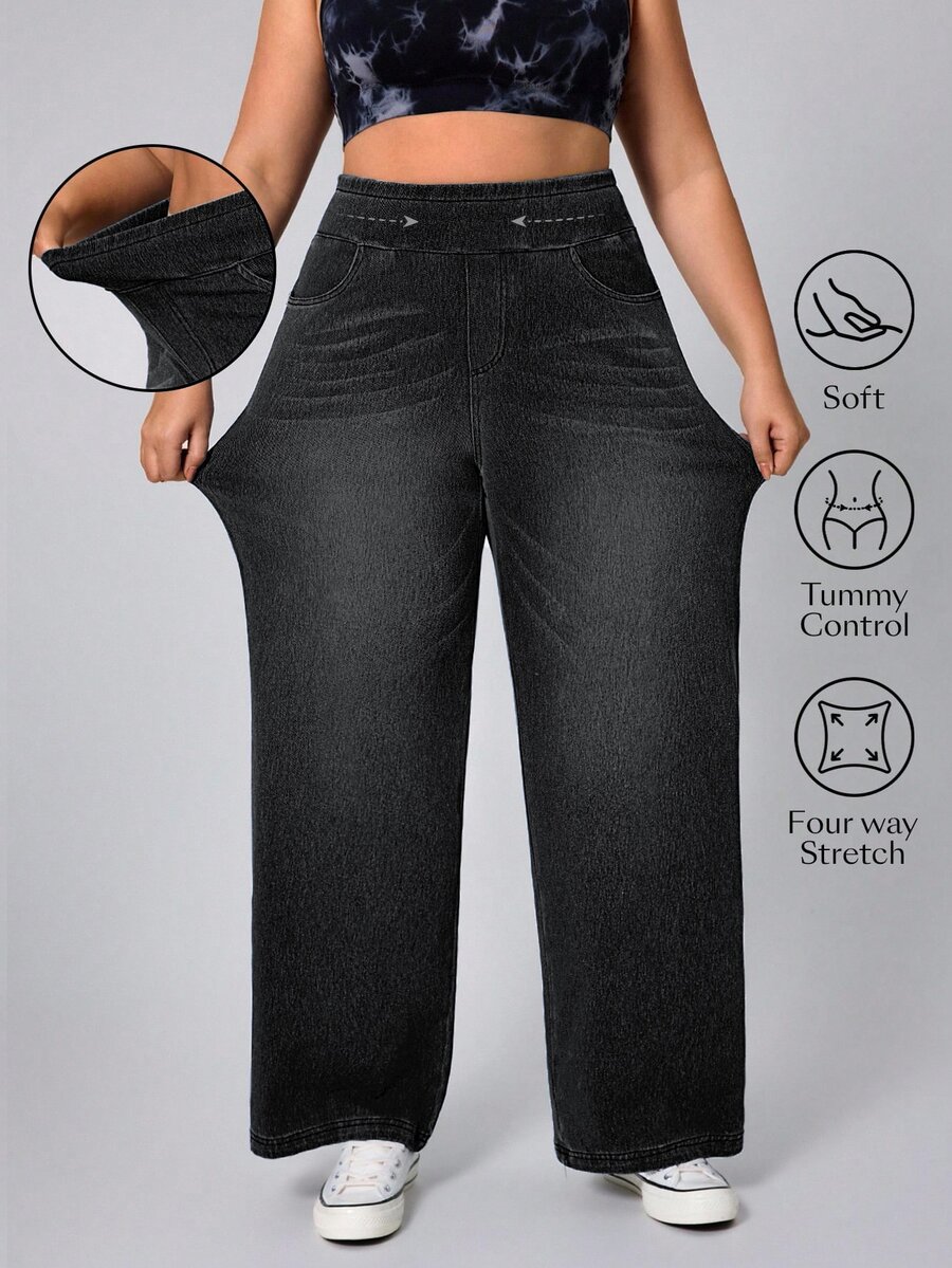 Flexra Plus Size Women's Wide Leg Casual Denim Jeans Soft Washed Stretch Pants - Dark Grey - View 1