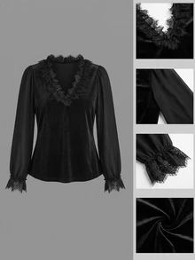 Freevana Velvet Wrap Deep V Lace Blouse With Ruffled Lace Cuffs And Sheer Sleeves, Romantic Evening Top - Black - View 9