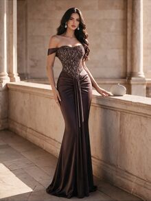 Coutiva Women's Patchwork Sequin Off-Shoulder Mermaid Hemline Glamorous Formal Evening Gown - Brown - View 1
