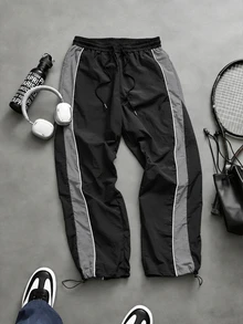EGENSIO Men's Loose WideLeg Color Block Track Pants, Elastic Drawstring Waist AllSeason Casual Trousers, Big & Tall Plus Size Lightweight Streetwear Pants F - Black - View 1