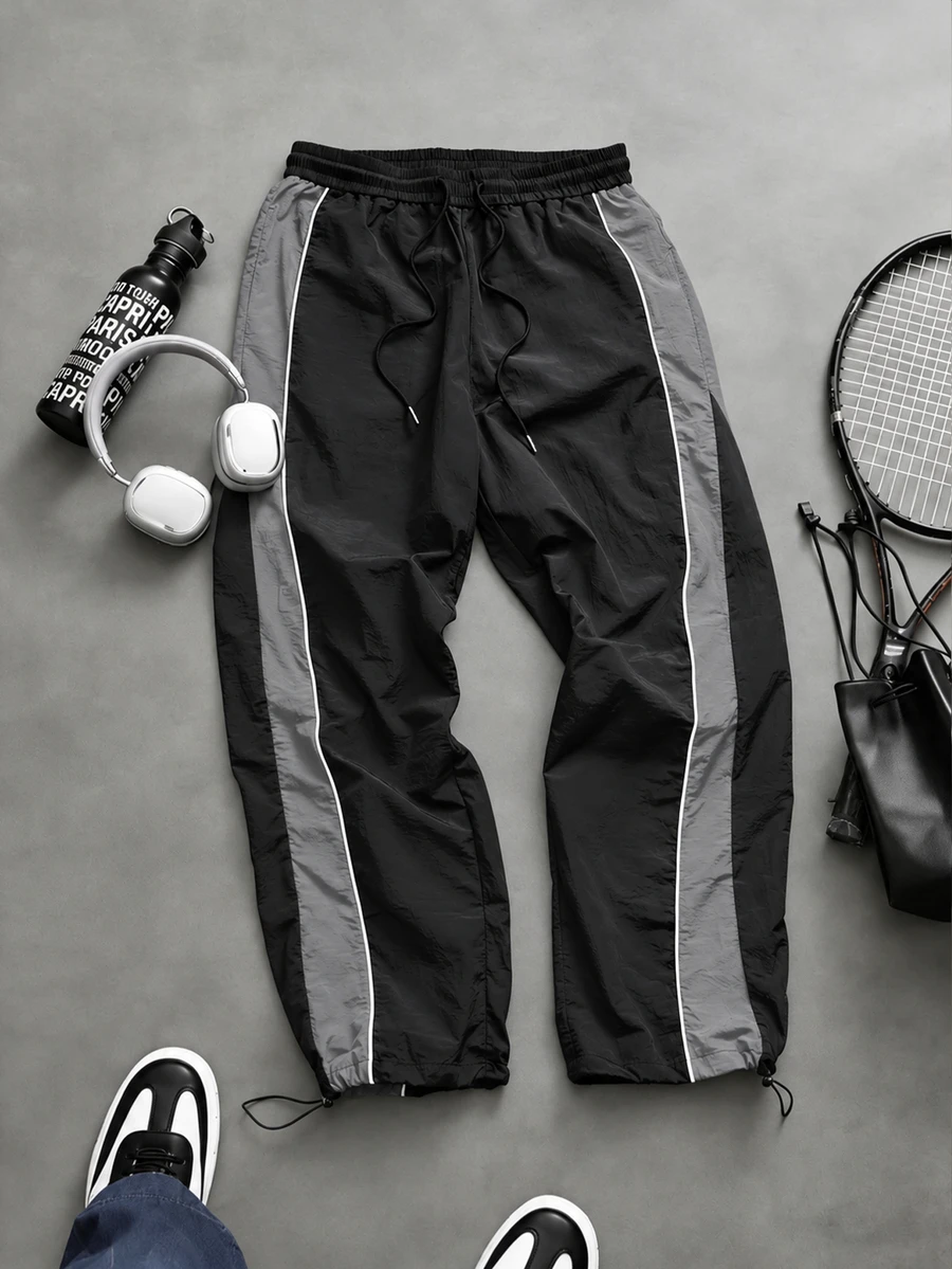 EGENSIO Men's Loose WideLeg Color Block Track Pants, Elastic Drawstring Waist AllSeason Casual Trousers, Big & Tall Plus Size Lightweight Streetwear Pants F - Black - View 1