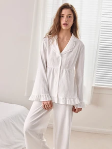 Ocili Solid Color Pure Cotton Lapel Comfortable Soft Embroidered Lace Shell Button Ruched Ruffle Long Sleeve Long Pants Women's Pajama Set - White - View 5