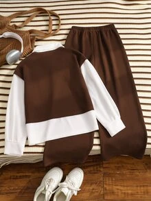 Tween Girls' Autumn/Winter Maillard Retro Preppy Style 3D Floral 2 In 1 Shirt & Wide Leg Pants Set, Streetwear Outfit - Brown - View 2