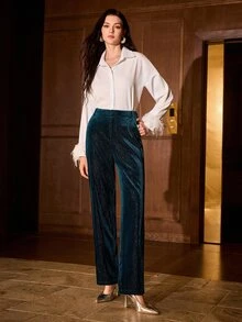 MOTF PREMIUM WOMEN'S BLUE SHINY VELVET ANKLE-LENGTH COMMUTER SUIT PANTS WITH RHINESTONE TRIM - Purple - View 7