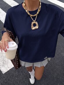 Muchica 95%棉女款休閒街頭寬鬆短袖T恤，女款夏季服飾，女款街頭穿搭深藍色 - 藏蓝色 - 查看 5