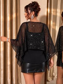 Cravure Plus Size Women's Patchwork Sequin Asymmetric Design Fashion Blouse - Black - View 2