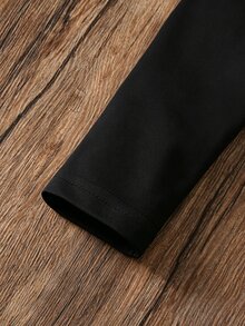 SHEIN 青少年女孩長袖上衣，黑色純色修身領口上衣，可愛優雅休閒時尚，適合夏季校園正式場合與秋季開學 - 黑色 - 查看 5