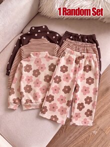 1套女嬰2件式雛菊花卉條紋印花半拉鍊長袖運動衫+配套寬腿運動長褲套裝，休閒基礎穿搭 - 彩色 - 查看 2