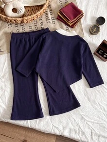 SHEIN Baby Girl Autumn Casual Cute Colorblock Stand Collar Bow Decor Asymmetrical Hem T-Shirt And Flare Pants Set - Navy Blue - View 2