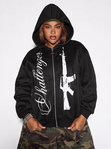 ROMWE Grunge Punk Plus Size Women's Letter Print Long Sleeve Zip-Up Hooded Sweatshirt - Black - View 5