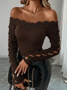 SHEIN 女款素色對比蕾絲露肩鏤空長袖修身時尚T恤 - 巧克力棕 - 查看 1