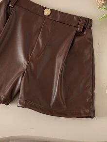 SHEIN 少女編織素色PU皮革修身休閒短褲 - 彩色 - 查看 4