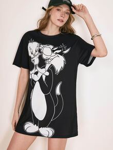 LOONEY TUNES X SHEIN Women's Cartoon Print Short Sleeve Casual Short Dress LOONEY TUNES - Black - View 1