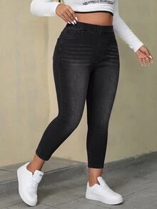 SHEIN ICON 大尺碼女款休閒日常牛仔褲，附口袋 - 黑色 - 查看 3
