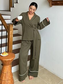 Dazy Plus Autumn/Winter Minimalist Loose Colorblock Patchwork Long Pants 2-Piece Set Loungewear Pajama Set - Army Green - View 4