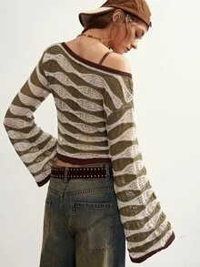 Bohemela Vintage Water Ripple Color Block Bell Sleeve Knit Pullover Sweater - Army Green - View 7