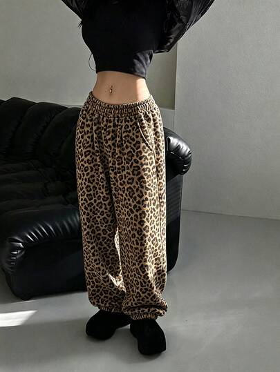 INAWLY Solva Pantalón de chándal casual tipo jogger con estampado de leopardo, cintura elástica y bolsillos para mujer