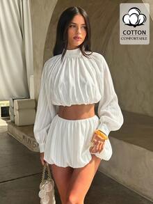 Opulessa Women's Solid Color Pleated Long Sleeve Top And Shorts Casual 2 Pieces Set - White - View 1